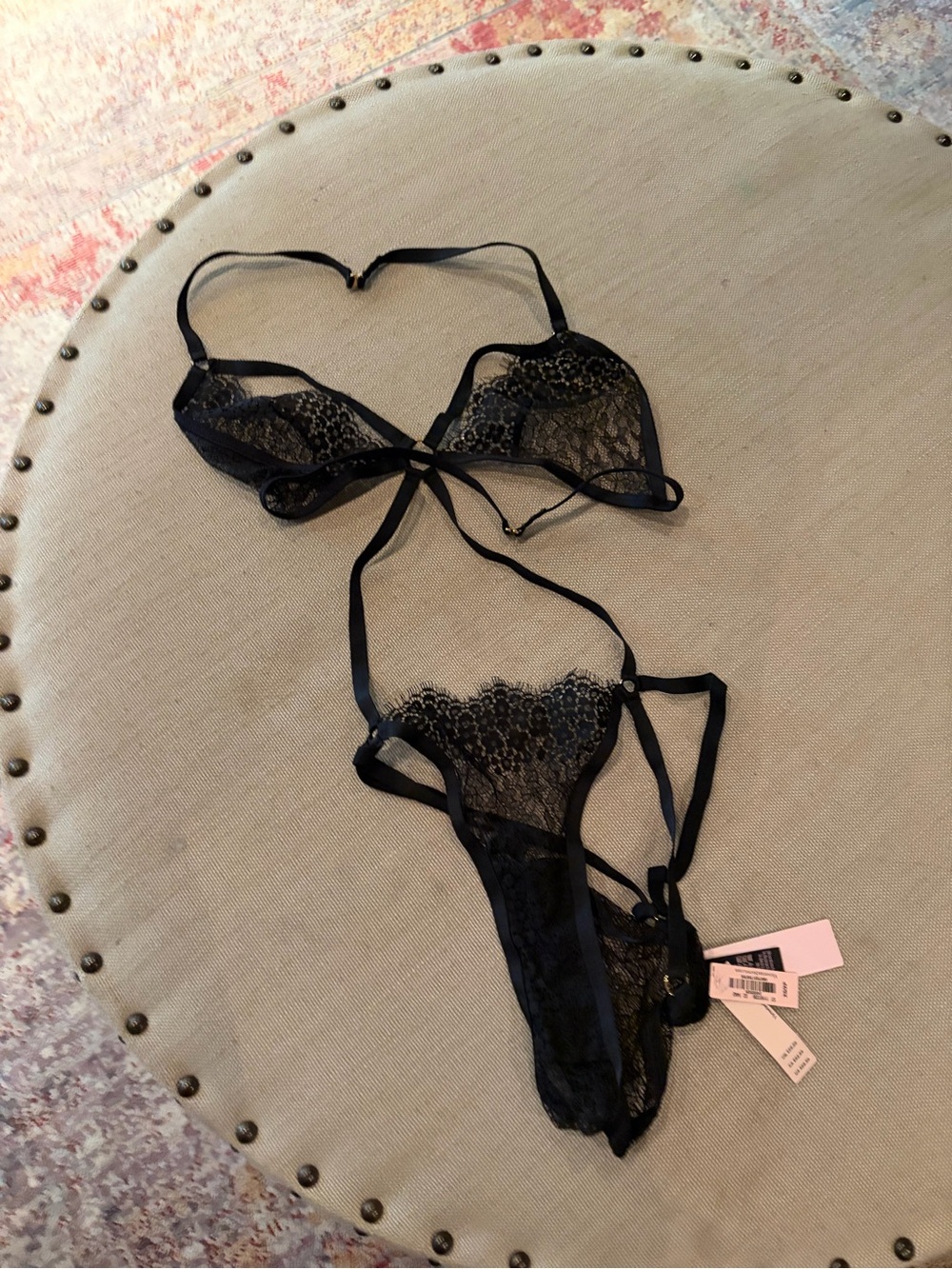 Black Lace Strappy Bralette & Thong One Piece Set